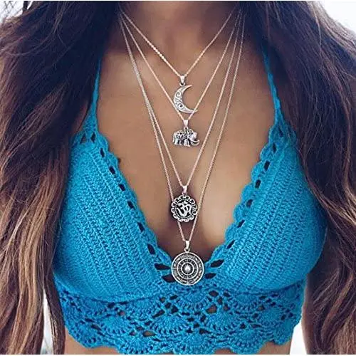 Kercisbeauty Halloween Boho Multi layer Silver Long Necklace for Women and Teen Girls with Moon Elephant Rune Pendant Choker Party Jewelry