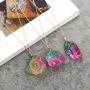 Challyhope Natural Rainbow Stone Healing Crystal Rock Quartz Pendant Necklace Birthstone Gold Plated Full Wire Wrap Gemstone Necklace Jewelry