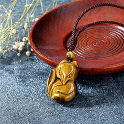CrystalTears Tiger Eye Healing Crystal Stone Necklace Handcarved Fox Amulet Gemstone Pendant Necklace Jewelry for Men Women