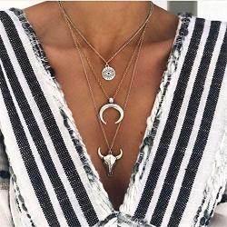 Layered Circle Crescent Moon Necklace Pendant Boho Hollow Horn Earth Map Choker Necklace for Women Girls