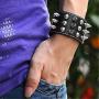 JOVIVI 3pcs Spike Studded Rivets Punk Rock Biker Wide Strap Genuine Leather Bracelets Necklace Chain Wristband Adjustable