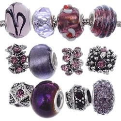 RUBYCA Murano Lampwork Charm Glass Beads Tibetan Crystal European Bracelet Mix Assortment Purple 15Pcs