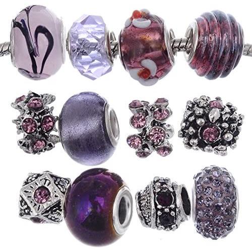 RUBYCA Murano Lampwork Charm Glass Beads Tibetan Crystal European Bracelet Mix Assortment Purple 15Pcs