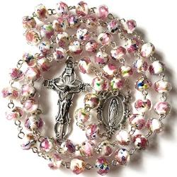 elegantmedical Handmade ROSE PINK Veluriyam BEADS GUADALUPE ROSARY & ITALY CROSS Catholic necklace