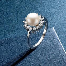 Freshwater Cultured Pearl Ring 8mm Round White Pearl Ring with Cubic Zirconia Simulated Diamonds in Sterling Silver Jewelry Gift for Women Sizes 5-8