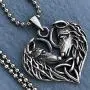 Celtic Wolf Couple Love Heart Jewelry Triquetra Native American Indian totem werewolf Asatru Viking Pagan Pewter Womens Mens Pendant Necklace Charm Protection Amulet for men women Silver Ball Chain