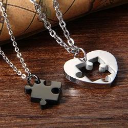 Cupimatch Couples Necklace 2 Pieces Stainless Steel Love Heart Puzzle Matching Pendant, Chain Included