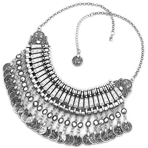 ReisJewelry Long Tassel Chunky Boho Coin Statement Necklace for Women