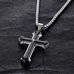 Three Layered Cross Necklace for Men Boys with English Bible Verse Crucifix Our Father Lords Prayer Stainless Steel Black Pendant Religious Christ Faith Fashion Chain Jewelry 23.6''