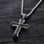 Three Layered Cross Necklace for Men Boys with English Bible Verse Crucifix Our Father Lords Prayer Stainless Steel Black Pendant Religious Christ Faith Fashion Chain Jewelry 23.6''