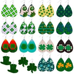 St Patricks Day Earrings Leather Earrings for Women Clover Green Hat Leather Earrings Lightweight Shamrock Dangle Earrings 16 Pairs