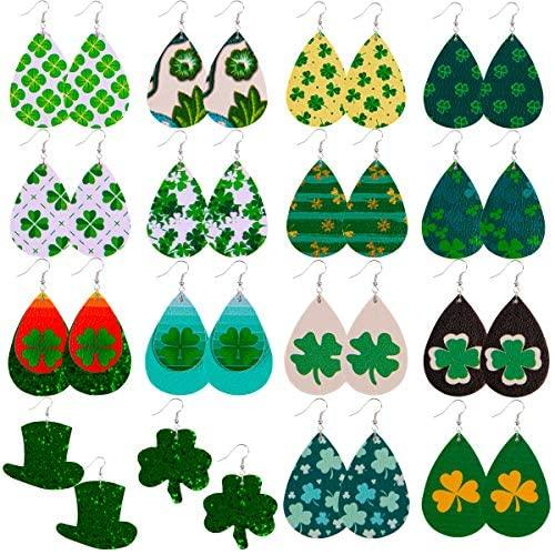 St Patricks Day Earrings Leather Earrings for Women Clover Green Hat Leather Earrings Lightweight Shamrock Dangle Earrings 16 Pairs