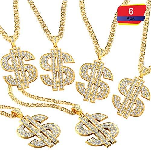 6 Pieces Gold Plated Chain Dollar Necklace for Men with Dollar Sign Pendant Necklace, Hip Hop Dollar Necklace (4 Pieces)