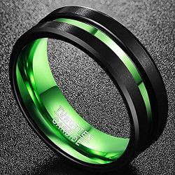 NUNCAD 8mm Black Tungsten Rings for Men Women Red/Green Groove Wedding Bands Beveled Edges Comfort Fit Size 6-16