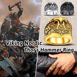 FaithHeart Norse Viking Jewelry Mens Stainless Steel Vikings Thors Hammer/Wolf Head Ring Valknut Warriors Gothic Jewelry-Personalized Engrave