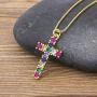 OUCHUANG Colorful Cross Pendant Necklaces for Women Crystal Gold Plated Cubic Zirconia Jewelry Gifts