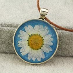 FM FM42 Pressed Dried Daisy Flower on Blue/Red Background Round Pendant Necklace