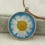 FM FM42 Pressed Dried Daisy Flower on Blue/Red Background Round Pendant Necklace FM FM42 Pressed Dried Daisy Flower on Blue/Red Background Round Pendant Necklace