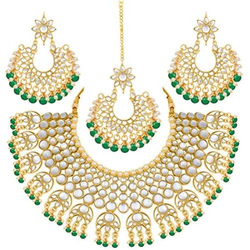 Aheli Exquisite Wedding Party Wear Faux Kundan Pearl Beaded Necklace and Earrings Set Indian Ethnic Jewellery for Women