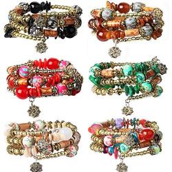 FIBO STEEL 6 Sets Bohemian Stackable Bead Bracelets for Women Stretch Multilayered Bracelet Set Multicolor Jewelry