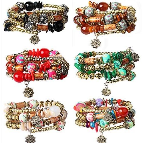 FIBO STEEL 6 Sets Bohemian Stackable Bead Bracelets for Women Stretch Multilayered Bracelet Set Multicolor Jewelry