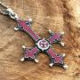 Gothic Jewelry Upside down inverted St Peter Cross Red Punk Rock Biker Heavy-Metal Fashion Satanic Protection Amulet Repel Enermy Magic Pewter Mens pendant necklace Charm Talisman w Silver Ball Chain