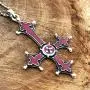 Gothic Jewelry Upside down inverted St Peter Cross Red Punk Rock Biker Heavy-Metal Fashion Satanic Protection Amulet Repel Enermy Magic Pewter Mens pendant necklace Charm Talisman w Silver Ball Chain