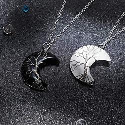 Hicarer 2 Pieces Tree Life Crescent Moon Necklace Wire Wrap Gemstones Healing Crystal Pendant Necklace Quartz Jewelry for Women