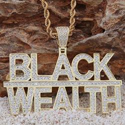 Moca Jewelry Hip Hop Iced Out Bling Letter Black-Wealth Pendant Necklace,14K Gold Plated Simulated Diamond Paved Necklace with Stainless Steel Rope Link Chain for Men Women
