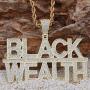 Moca Jewelry Hip Hop Iced Out Bling Letter Black-Wealth Pendant Necklace,14K Gold Plated Simulated Diamond Paved Necklace with Stainless Steel Rope Link Chain for Men Women