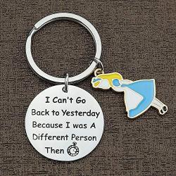 TOGON Alice in Wonderland Lover Gift Wonderland Keychain Quotes Because I was A Different Person Then Keychain for Friend Sister