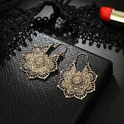 Vintage Mandala Flower Drop Dangle Earring for Women Girl Tribal Hollow Floral Pendant Earrings (Gold)