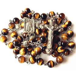 elegantmedical CATHOLIC Tiger Eye & Silver Rose Beads ROSARY CROSS crucifix necklace