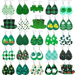 St. Patricks Day Faux Leather Earrings Shamrock Clover Teardrop Dangle Earrings Irish Green Leather Earrings for Women 25 Pairs