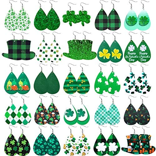 St. Patricks Day Faux Leather Earrings Shamrock Clover Teardrop Dangle Earrings Irish Green Leather Earrings for Women 25 Pairs
