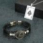 Aroncent Stainless Steel Necklace Braided Leather Rope Bracelet with Poker 2 Pcs Set