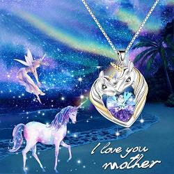 POPKIMI Sterling Silver Unicorn Necklace Heart Crystal Unicorn Pendant Jewelry Birthday Gifts for Girls Women (Purple)