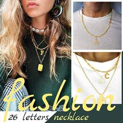 ChainsHouse Initial Letter Pendant Necklace Mens Womens Capital Letter Yellow Gold Plated A-Z 26 Alphabet Name Jewelry 16''+2'' Adjustable Stainless Steel Figaro Chain Personaziled