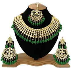Finekraft Meena Kundan Bridal Wedding Designer Gold Plated Pearls Necklace Jewelry Set