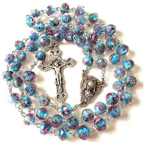 elegantmedical HANDMADE CATHOLIC NICE BULE Veluriyam ROSE BEADS & ITALY CROSS ROSARY necklace GIFT BOX