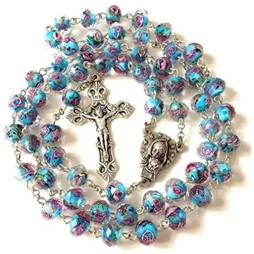 elegantmedical HANDMADE CATHOLIC NICE BULE Veluriyam ROSE BEADS & ITALY CROSS ROSARY necklace GIFT BOX