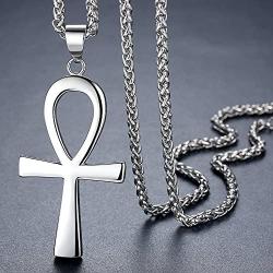 Mens Stainless Steel Large Coptic Ankh Cross Religious Pendant Necklace, 24'' Link Chain, aap107