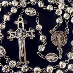 elegantmedical HANDMADE SILVER ROSE BEADS CATHOLIC Saint St Benedict ROSARY BLACK CROSS NECKLACE & NICE METAL JEWELLERY BOX