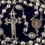 elegantmedical HANDMADE SILVER ROSE BEADS CATHOLIC Saint St Benedict ROSARY BLACK CROSS NECKLACE & NICE METAL JEWELLERY BOX