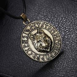 Wolf Necklace for Men, Norse Viking Wolf Head Pendant Necklace with 23.6” Chain, Viking Runes Coin Wolf Amulet Necklace, Retro Wolf Totem Necklace, Punk Animal Wolf Jewelry Gift for Men Boys