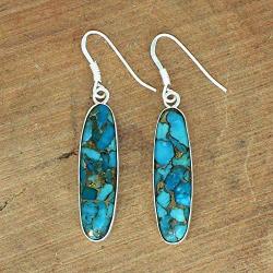 Natural Turquoise 30X8 MM Long Cabochons Studded in Solid 925 Sterling Silver Dangling Earrings Jewelry