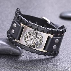VASSAGO Vintage Norse Myth Tree of Life Yggdrasil Pentagram Amulet Cuff Leather Bracelet