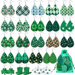 22 Pairs St. Patricks Day Faux Leather Earrings Irish Shamrock Dangle Drop Earrings Lightweight Teardrop Earrings for Women And Girls