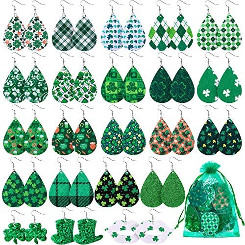 22 Pairs St. Patricks Day Faux Leather Earrings Irish Shamrock Dangle Drop Earrings Lightweight Teardrop Earrings for Women And Girls