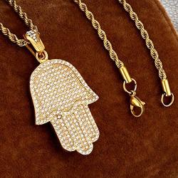 ROWIN&CO Hip Hop Jewelry Iced Out Gold Hamsa Hand of Fatima Evil Eye CZ Pendant Rapper Chains for Men Women Necklace, 24 Inch